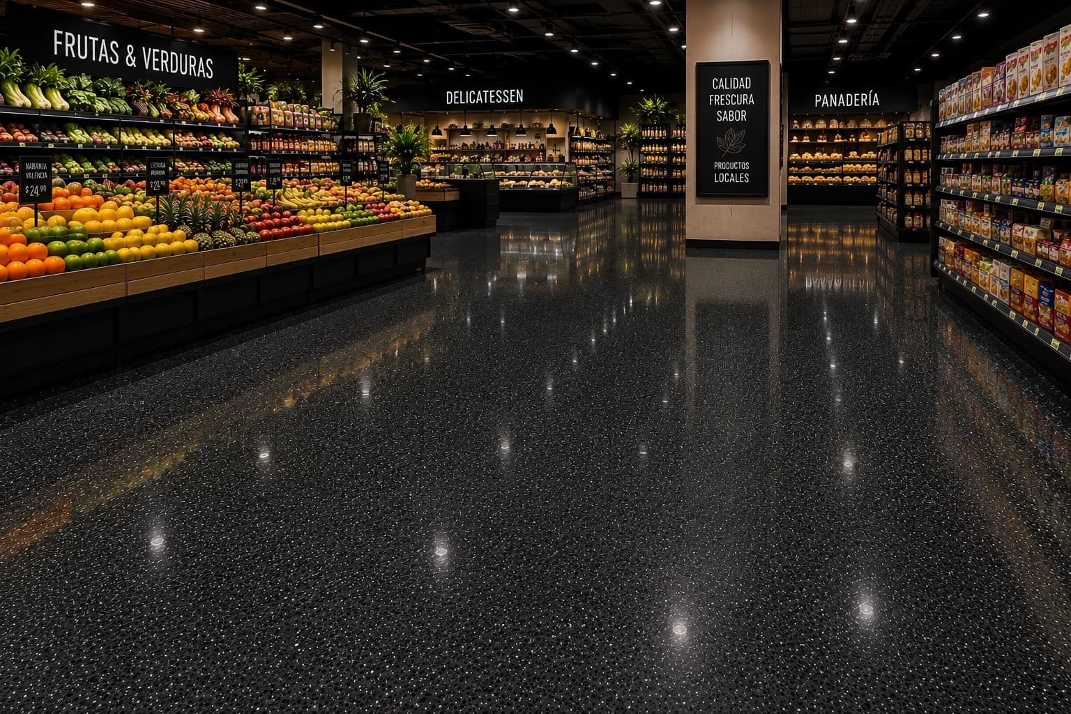 Piso epóxico premium en supermercado — acabado de alto brillo